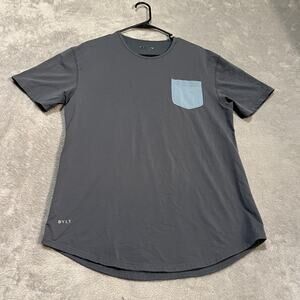 BYLT Shirt Mens Large Charcoal Drop-Cut Curved Hem Pocket Tee Contrast Blue